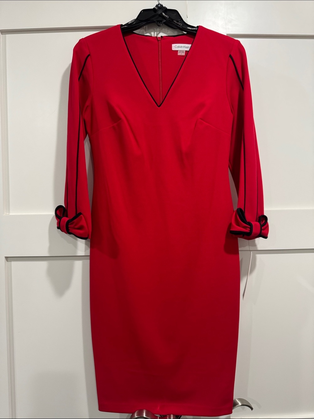 Calvin Klein Red V-Neck Midi Dress with Black Trim